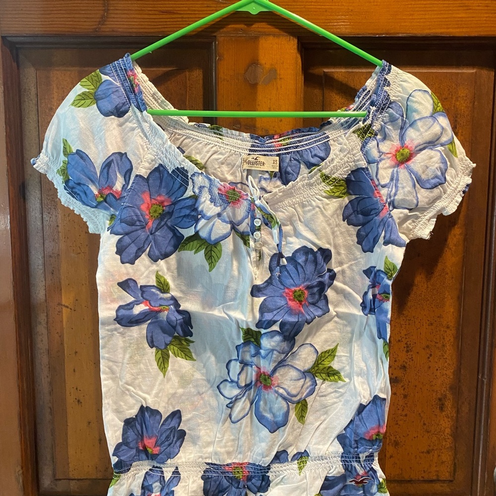 Hollister White Off-Shoulder Top with Blue Floral Print